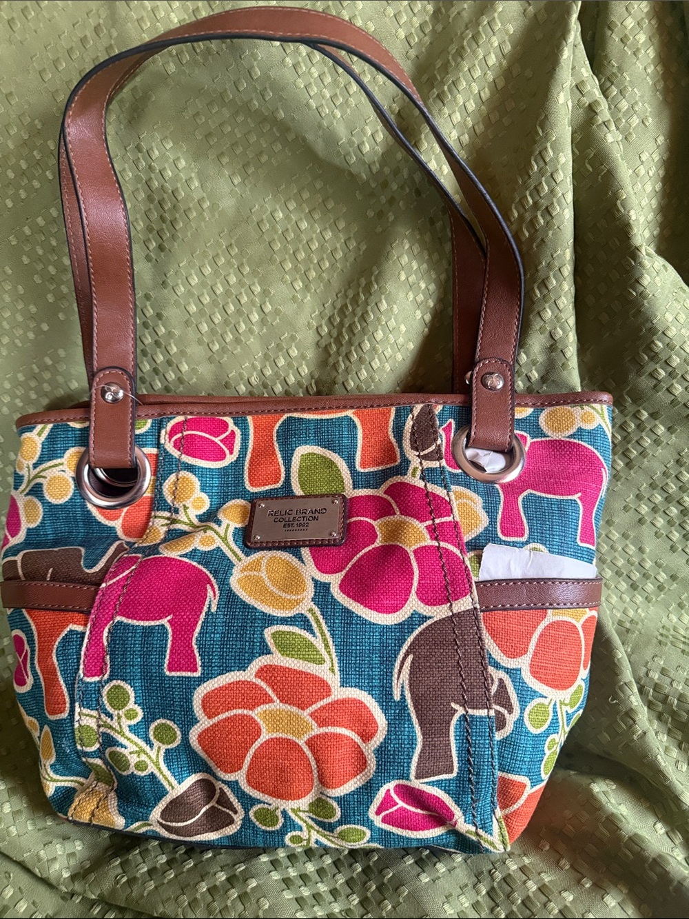 Relic Multicolor Floral & Elephant Canvas Shoulder Bag with Brown Trim NWOT